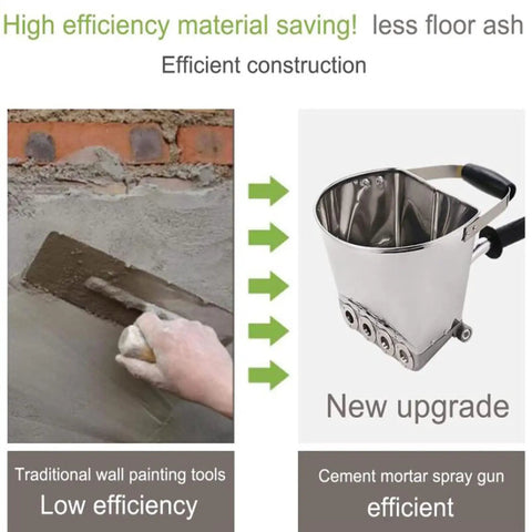 Heavy Duty Pneumatic Concrete Sprayer With Four Swappable Nozzles That Knocks Out Plaster And Mortar Jobs Fast On Interior Walls And Exterior Surfaces Featuring Rock Solid Stainless Steel Housing And Pro Trade Grade Power image comparing traditional plastering methods with the efficient mortar spray gun.