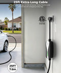 Portable Level 1 And 2 Tesla Charger With ETL Certification, NACS EV Charging Cable, 12A And 16A Wall Connector, 25ft extra-long cable outlet setup.