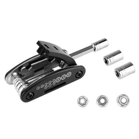 16 In 1 Bicycle Multitool Kit For On The Go Mountain Bike Maintenance Includes Hex Key Wrench Set Tube Patch Kit Tire Levers And Hard Carrying Case Made From Durable Chrome Vanadium Steel showing open tools and sockets