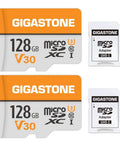 128GB Micro SD Card 2 Pack A1 V30 4K Video Ready Memory Card UHS I Class 10 With 95MBps Read And 40MBps Write MicroSDXC Includes 2 SD Adapters For Dash Cam Security Camera Drone Action Camera Smartphone Laptop displayed with 2 adapters
