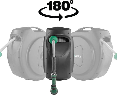 Retractable Garden Hose Reel With 100 Ft 5/8 Inch Hose Wall Mounted 180 Degree Swivel Bracket in black casing.