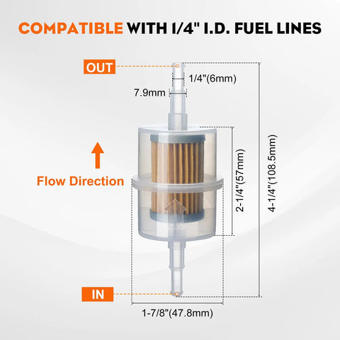 15 Micron Fuel Filter Replacement For Kohler Engines CH20S CH25S CH670S CH730S CH750S 2 pack with dimensions and flow direction