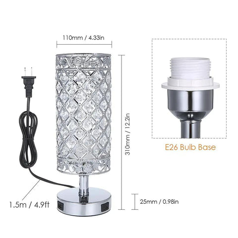 Crystal Table Lamps Set Of 2 With USB Charging Ports, sleek silver lamp dimensions with plug and E26 base detail