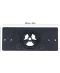 Front view of black hinge jig drilling guide base plate with 35mm hole saw guide, 22.5 cm x 9.5 cm.