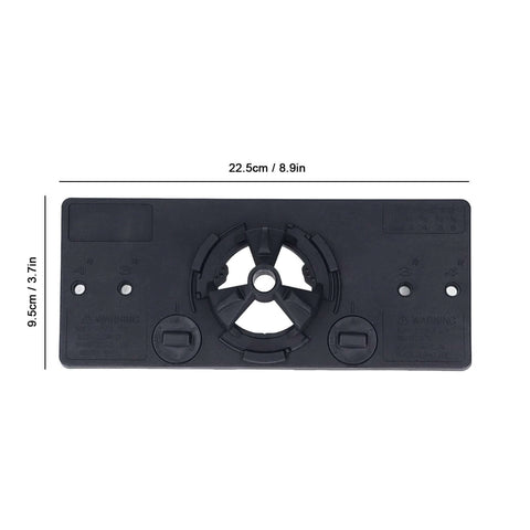 Front view of black hinge jig drilling guide base plate with 35mm hole saw guide, 22.5 cm x 9.5 cm.