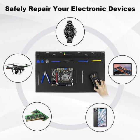Extra Large Anti Static Soldering Mat With Grounding Accessories And Wrist Strap, electronics assembly, tools showcased.