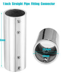 316 Stainless Steel Handrail Straight Pipe Fitting Connector 1 Inch EMT 2-Way Tube Connector, side and front view with dimensions