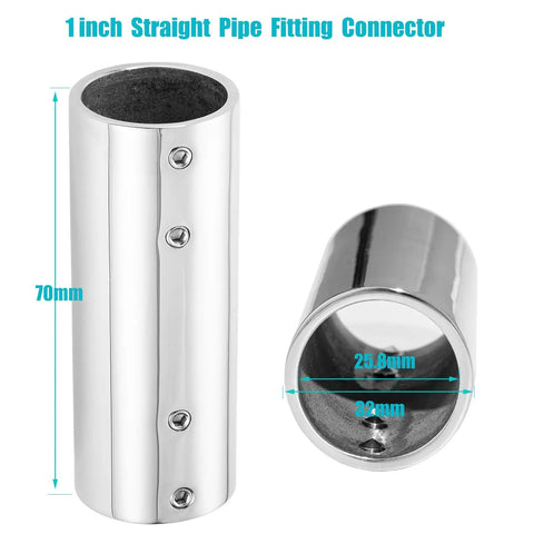 316 Stainless Steel Handrail Straight Pipe Fitting Connector 1 Inch EMT 2-Way Tube Connector, side and front view with dimensions