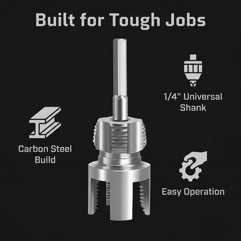 Close-up of a carbon steel cutter with a 1/4" universal shank for Complete 3Pc Pvc Pipe Threading Tool Kit.