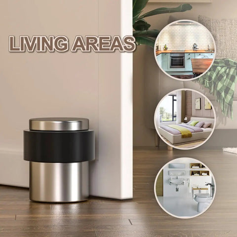 Heavy Duty Stainless Steel 304 Floor Door Stops Featuring Satin Nickel Cylindrical Body With Thick Black Rubber Bumper To Shield Walls And Keep Doors Smooth Heavy Spring Loaded Stoppers No Fuss Setup Two Pack near a wall in a living area.