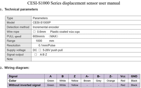 User manual for CESI S1000P displacement sensor with technical parameters and wiring diagram.