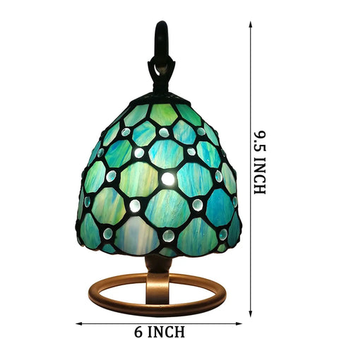 Small Tiffany Style Stained Glass Table Lamp Sea Blue Pearl 10 Inch Tall 6 Inch Wide 8 Inch Long Vintage Accent Night Light