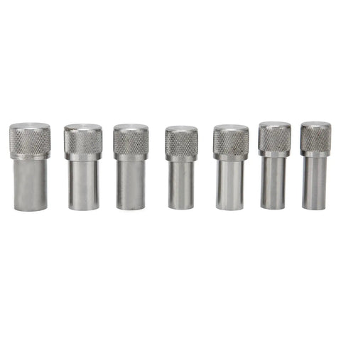 Pro Grade Steel Disc Cutter Set For Jewelry Making With Round Pendant Punch Tool And Six Dies arranged in a row on a white background