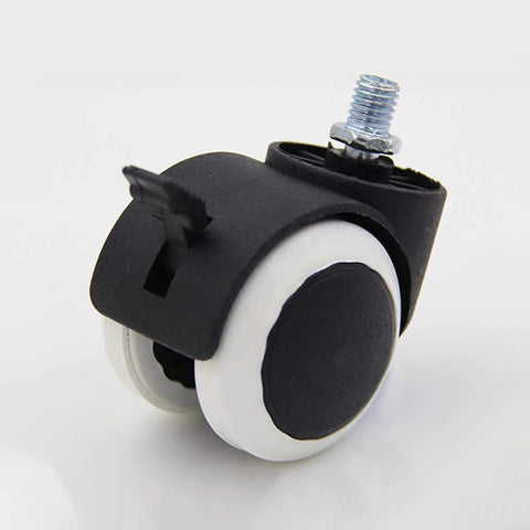 Slick Rolling Office Chair Wheels With Silent Non Marking Pu Twin Rollers For Smooth Desk Ride And Hardcore Floor Guarding Snag This Five Piece White Set With Reliable 9X11mm Threaded Stem Mounts close-up of a single caster wheel showing dual PU rollers.