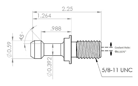 Technical diagram of 40 Degree Coolant CNC Pull Studs For CAT40 Taper, 10 Piece Pack, showing dimensions and thread details.