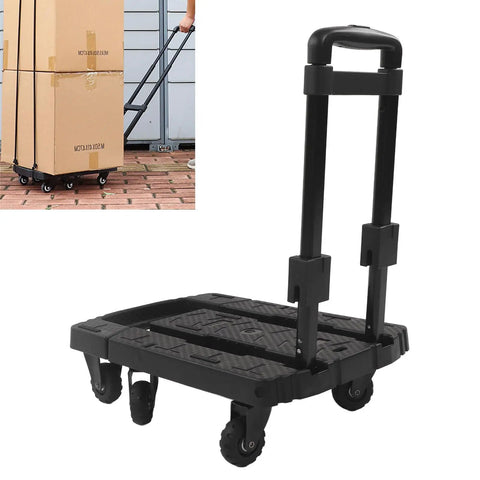 Heavy Duty Folding Hand Truck With Adjustable Handle For Travel And Heavy Loads, Expanded Platform For Bigger Items, 440 Lb Load Capacity, Steel Workhorse Cart For Shopping, Moving, Office, Travel, Easy Fold And Compact Storage. Folded black steel cart with extended platform