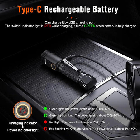 Beast Mode 1800 Lumens Tactical Flashlight with Type C Rechargeable shown charging, highlighting its Type-C USB capability.