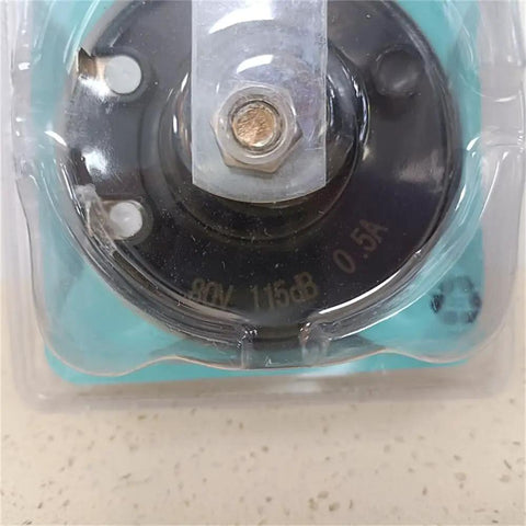 Close-up of Heavy Duty 110Db 80V Electric Horn, black speaker design, features mounting bracket, ideal for industrial vehicles.