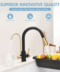 GIMILI 3 in 1 Kitchen Faucet with Water Filter and Pull Down Sprayer in black and gold finish, pouring water into glass and sink.