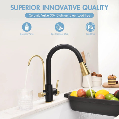 GIMILI 3 in 1 Kitchen Faucet with Water Filter and Pull Down Sprayer in black and gold finish, pouring water into glass and sink.
