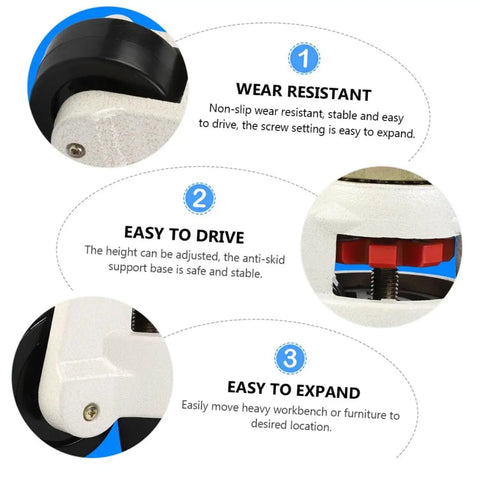 Heavy Duty Leveling Transport Casters 4 Pack With 500kg Capacity For Workbenches, Utility Carts And Equipment, Industrial Plate Swivel Wheels, Adjustable Non Slip, Durable Aluminum Body, Wear Resistant Nylon Wheel, close-up of wheel and height adjuster