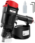 Pro Grade Pneumatic Coil Pallet Nailer Shooting 15 Degree Wire Collated Fasteners, black and red design, includes oil bottle and tools.