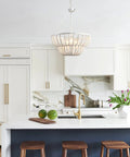 5 Light Beaded Chandelier With Rustic White Wood Beads Farmhouse Boho Ceiling Light Fixture in modern kitchen.