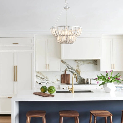 5 Light Beaded Chandelier With Rustic White Wood Beads Farmhouse Boho Ceiling Light Fixture in modern kitchen.