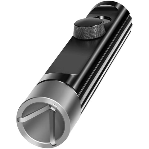 Tubing deburring tool for 3/16–1/2 in lines; metal body with knurled adjustment knob, front view