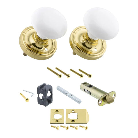 Old School Classic Rosette White Porcelain Round Door Knob For Interior Doors with installation hardware set.