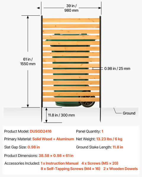 Wood Privacy Fence Screen For Outdoor AC Unit And Trash Can In Your Yard 39 Inch Wide By 61 Inch Long One Panel Pool Equipment Enclosure With Metal Stakes Easy DIY Installation Backyard Garden Privacy Shield, slatted wood panel with metal stakes, dimensions shown over a trash can.
