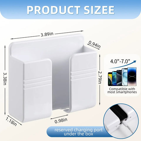 Wall Phone Holder For Camper RV Boat Two Pack White Heavy Duty Adhesive Mount showing dimensions and phone compatibility