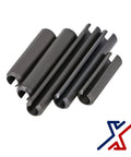Three Eighths Inch Roll Pin Set, Three Inch Long, 15 Pack, Heat Treated Steel With Black Finish, ideal for rotating shafts.