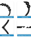 12 Pack Wide Shower Curtain Hooks, Rustproof Stainless Steel Heavy Duty Curtain Rings With Smooth Glide Rollers, Black, close-up view