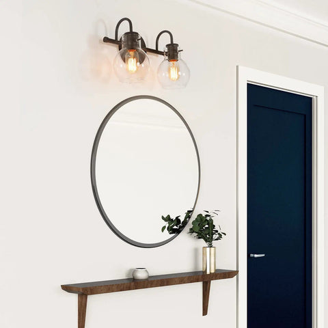 Black 2-Light Vanity Light Fixture With Clear Glass Shades, Dope Modern Farmhouse Bath Lighting, Matte Black Finish in bathroom setting