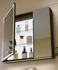 LED Lighted Bathroom Medicine Cabinet With Backlit Panel, USB Sockets, open view showing organized storage with shelves and toiletries.