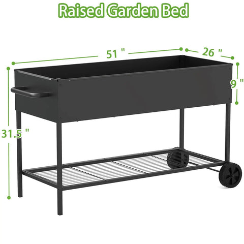 Black elevated garden bed with legs and storage shelf, heavy duty metal, anti rust, 51 by 26 by 31.5 inches