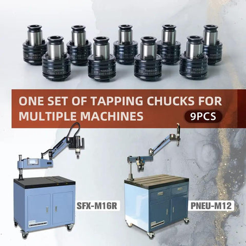 Versatile ANSI Tapping Collets Set For M16 Electric Tapping Machine With Nine Adapters in packaging with tapping machines shown