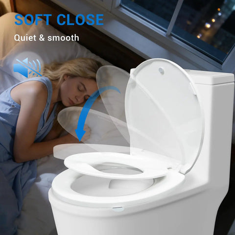Elongated Toilet Seat With Quiet Soft Close Lids And Integrated Child Seat Featuring No Sweat Touchless Handle Design In Crisp White For Smooth Hassle Free Bathroom Comfort