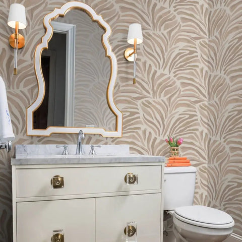 Total Knockout Modern Animal Print Vinyl Wallpaper Featuring A Slick Leather Texture Dang Durability Commercial Grade Wallcovering Easy Paste Install Home Upgrade in elegant bathroom setting.