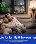 Mother and daughter on sofa with teddy bear, modern lamp, promoting family safety and eco-friendly home product benefits.