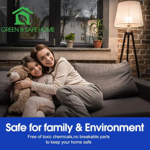 A smiling woman and girl sitting on a sofa with a teddy bear under a lamp, logo and text 'Green & Safe Home' displayed.