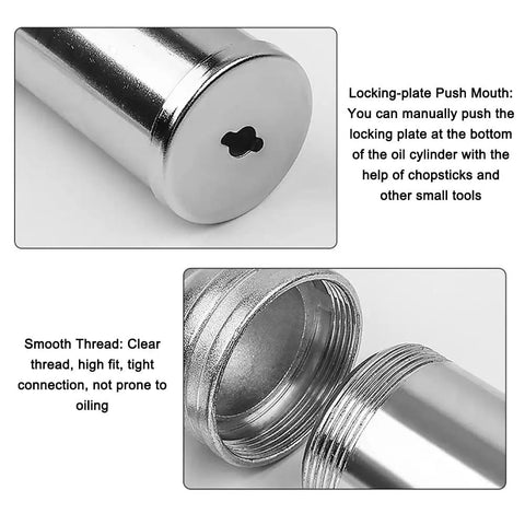 Close-up of Lightweight 80cc Manual Grease Gun Handheld High Pressure Filler features, focusing on alloy locking-plate and smooth thread.