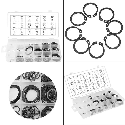 Retaining Ring Circlip Kit With 18 Sizes And 150 Pieces Boxed Set visible, showing organized compartments with snap rings inside.