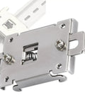 Close-up of stainless steel 35Mm DIN Rail Mount Kit with Clamp and Screws for Solid State Relays. Rugged rail mounting clip for secure installation.