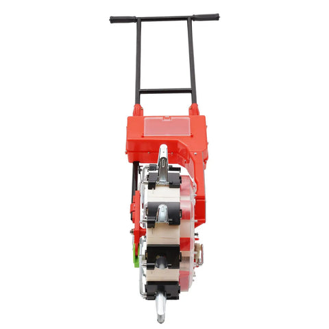 Front view of Hand Push Seeder With Ten Nozzles For Garden Row Crops, Precision Seed Drill Planter, easy manual rolling seeder.