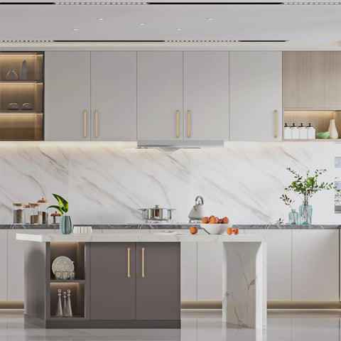 Modern kitchen with Champagne Bronze Cabinet Pulls 5 Inch Center To Center 128mm on gray cabinets. ZH0019 hardware shown.