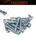 Self Drilling Confirmat Screws M7x50mm for woodworking, carbon steel blue finish, inner hex drive, close-up view of features.