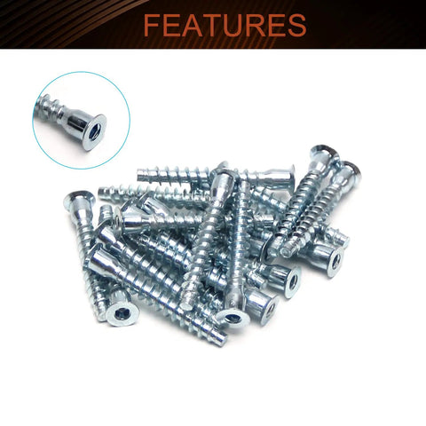 Self Drilling Confirmat Screws M7x50mm for woodworking, carbon steel blue finish, inner hex drive, close-up view of features.