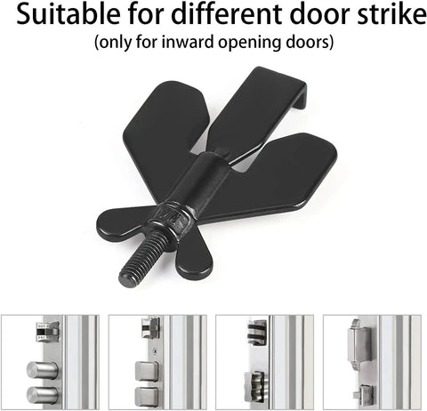 Portable Door Lock For Travel And Home Privacy, Compact Palm Size Security Device shown with compatible door strikes